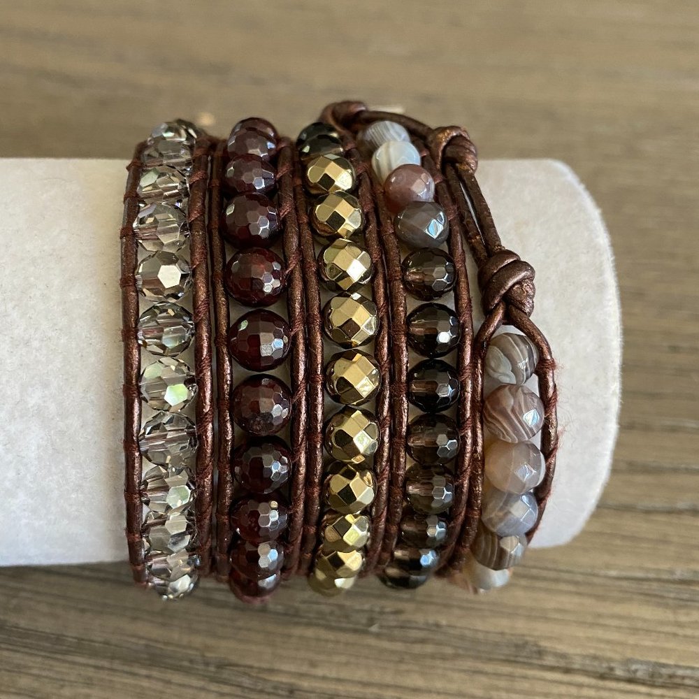 Chan Luu Chunky Garnet Mix Five Wrap Leather Brace - Picture 3 of 6